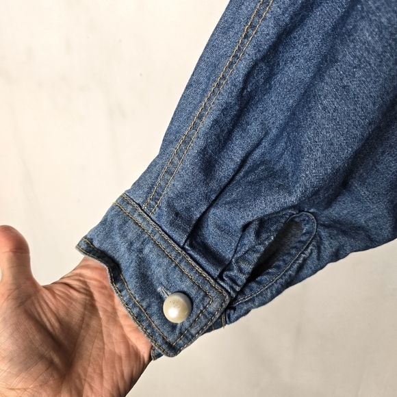 Vintage 80s Denim Floral Embroidered Beaded Button Up Shirt Tunic Mini Dress - Picture 6 of 8